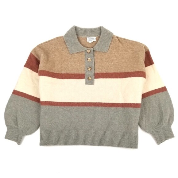 Love Riche Sweaters - Balloon Sleeve Button Down Polo Sweater Striped Olive Green Womens Plus‎ Size 1X